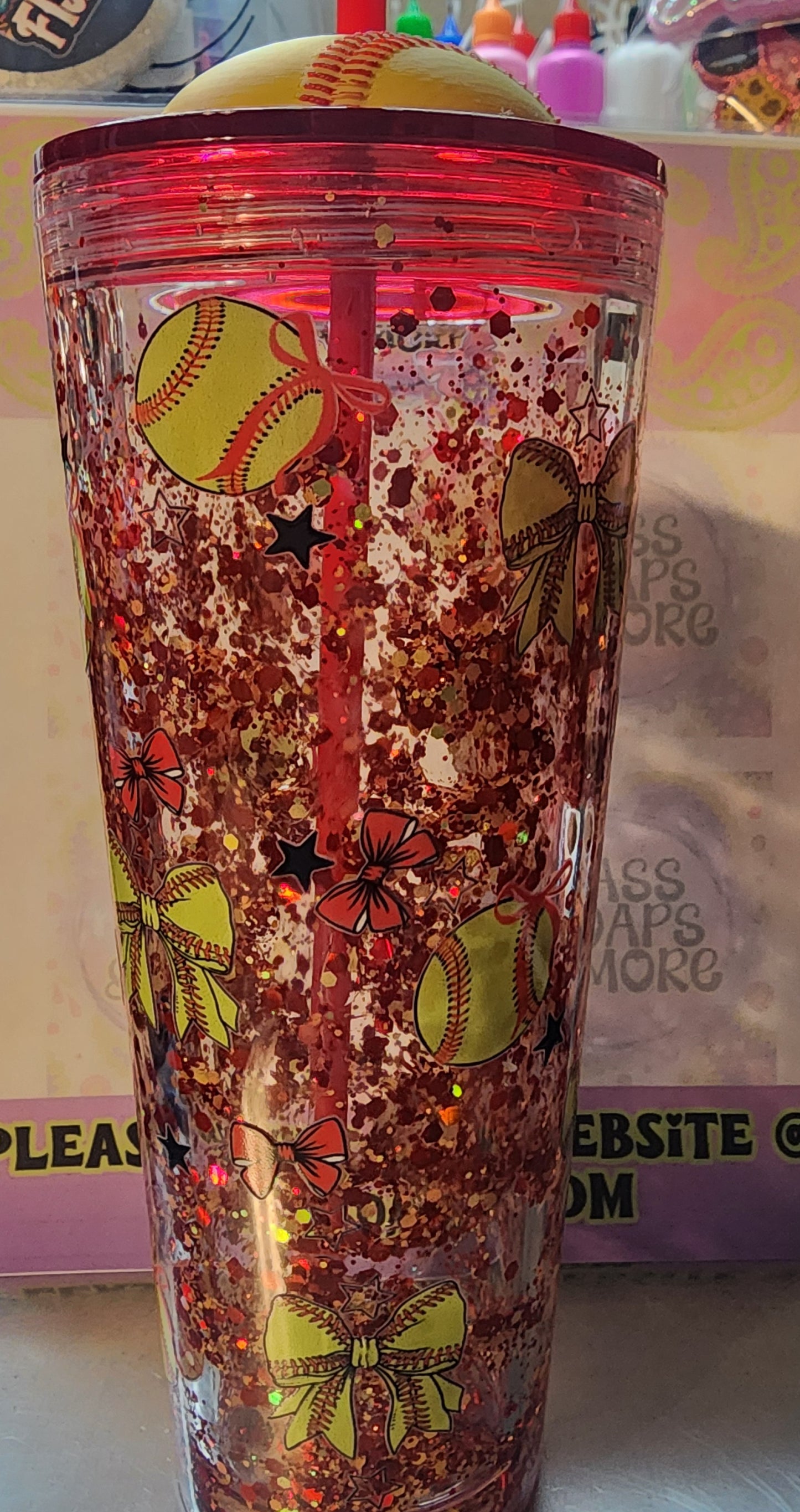 24oz tumbler with softball topper